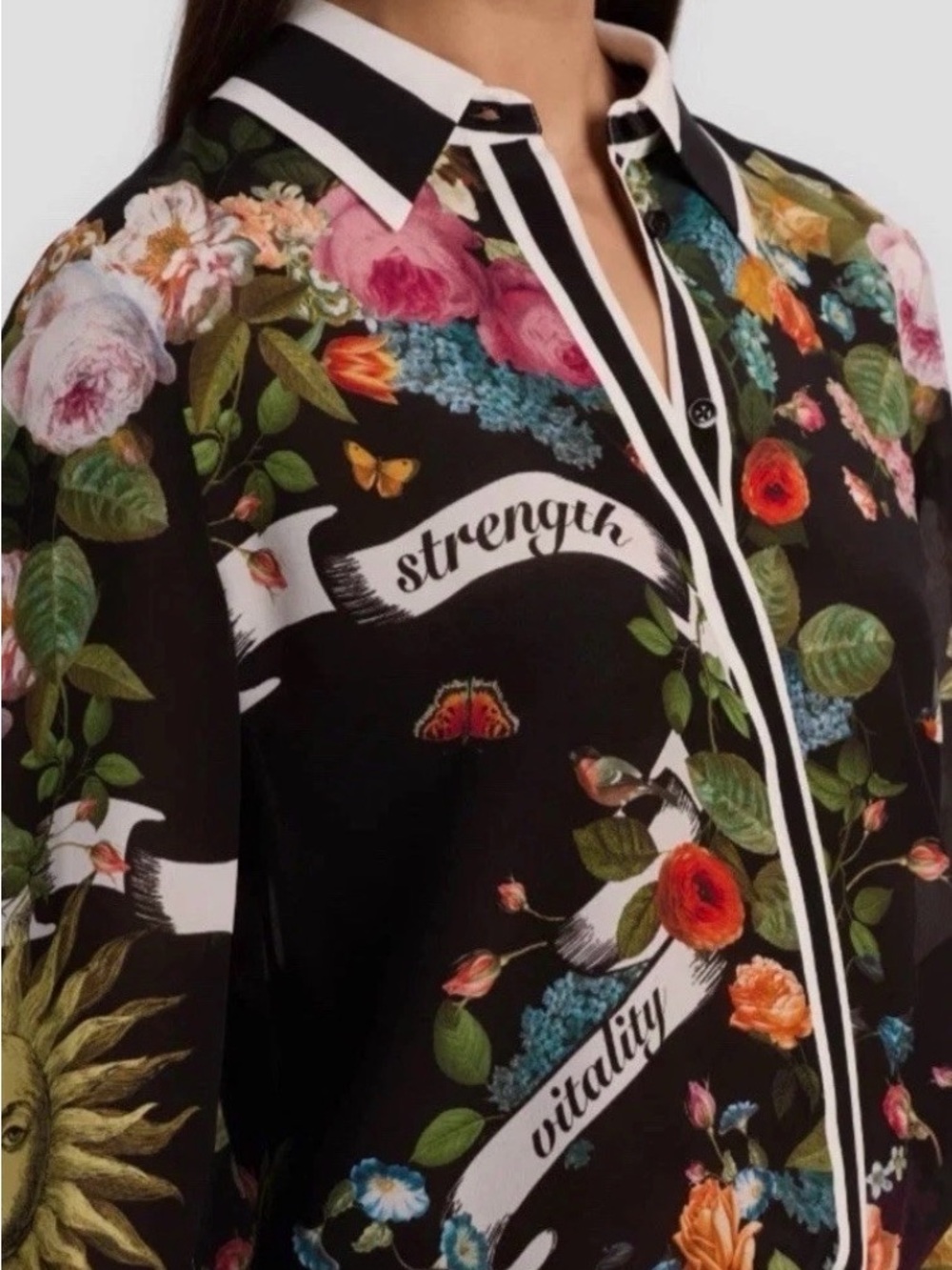 Alice + Olivia Black Floral Button-Front Blouse with White Contrast Trim
